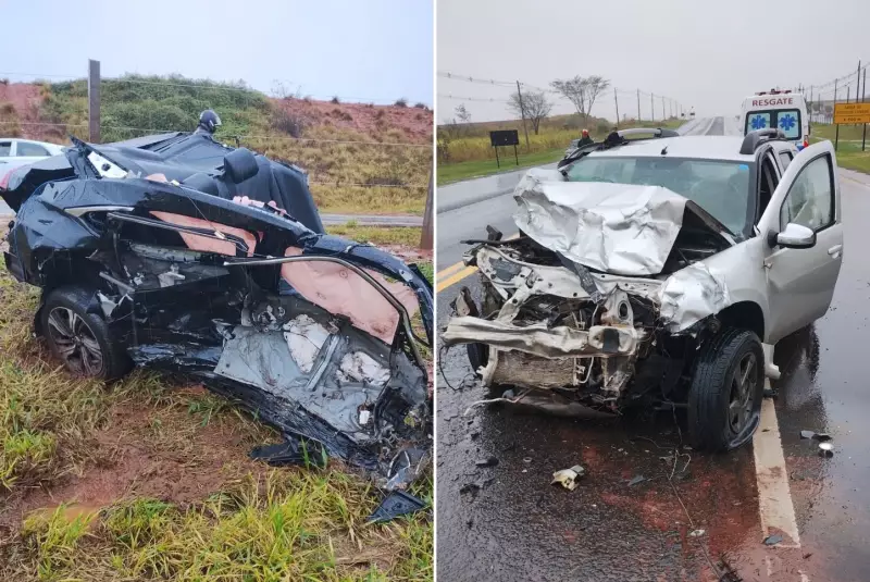 Carro se parte ao meio em colisão frontal na Rodovia Marechal Rondon: motorista sobrevive milagrosamente