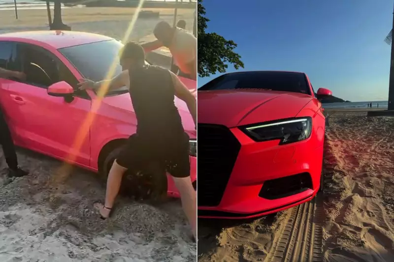 Luxo sobre a areia: BMW de R$ 500 mil atola durante selfie na praia de Santos; veja o vídeo