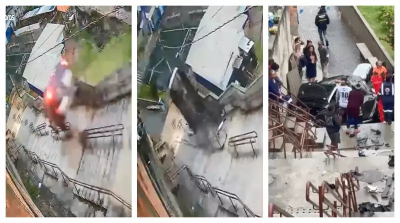 Motorista sobrevive milagrosamente após carro voar por escadaria em SP