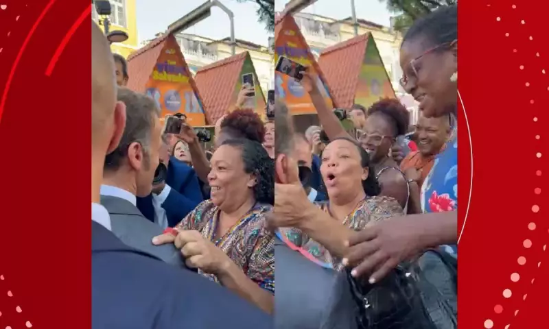 Mulher agarra presidente francês Emmanuel Macron durante visita a Salvador; segurança age rápido