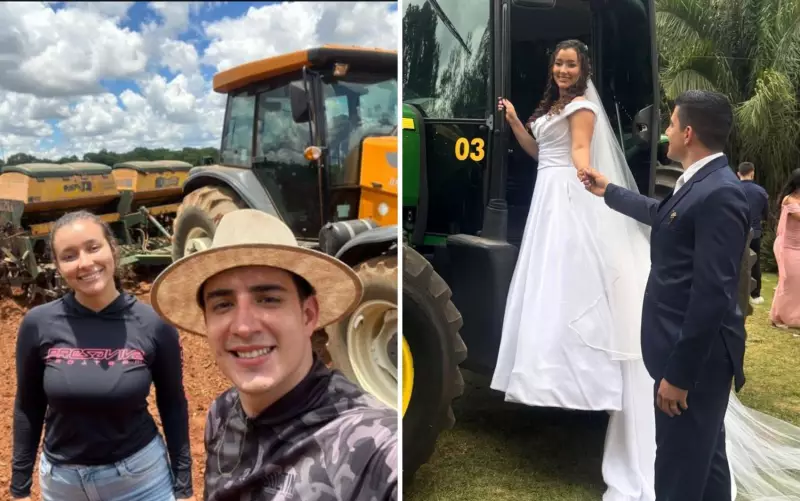 Noiva de 21 anos chega de trator em casamento no interior de Goiás