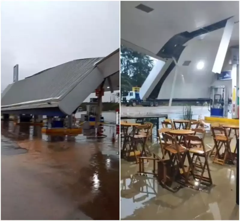 Teto de posto de combustíveis desaba durante chuva intensa na divisa de SP e MG; veja vídeo