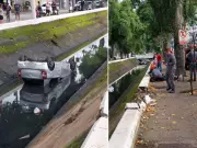 Motorista perde controle e carro cai em canal em Santos