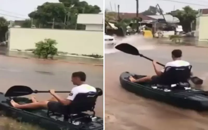 Jovem de 16 anos usa caiaque em enxurrada e vídeo viraliza em Goiás