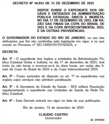 Rio decreta ponto facultativo após meio-dia por jogos do Flamengo e Vasco