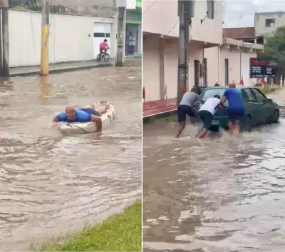 Chuvas causam alagamentos e protesto com canoa em Cabo Frio