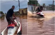 Morador usa jet-ski em rua alagada de Planaltina e ironiza prefeito em vídeo viral
