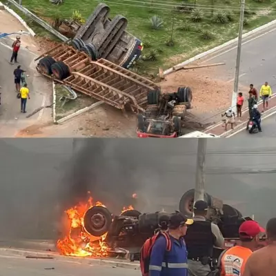 Caminhão capota e incendeia na Rota do Mar, em Maceió, deixando duas vítimas fatais