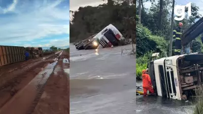 Três carretas tombam em Mato Grosso em um único dia devido a chuvas e estradas em más condições