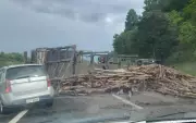Caminhão com madeira tomba na Castelo Branco e causa congestionamento em Itatinga