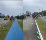 Caminhão com refrigerantes tomba na RJ-106 em Iguaba Grande e deixa ferido