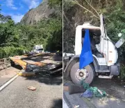 Caminhão perde freios e colide com paredão na BR-116, interditando via em Teresópolis
