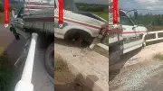 Caminhonete com brita perde roda e fica pendurada em ponte sobre rio Grajaú no Maranhão