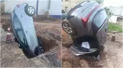 Motorista embriagado abandona carro dentro de buraco de obra em Diadema, SP