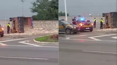 Caçamba com entulho tomba em retorno próximo ao aeroporto de São Luís