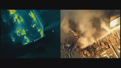 Drone térmico revela combate intenso a incêndio em galpão de motopeças no Rio