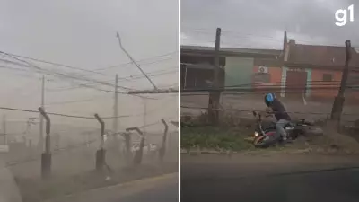 Ventos de 85 km/h derrubam poste e fios atingem motociclista em Uruguaiana, RS