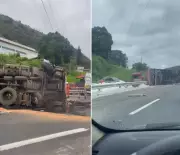 Carreta tomba na BR-040 em Areal, mata motorista e interdita pista na Serra de Petrópolis