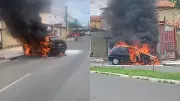 Carro pega fogo após motorista dar partida em Teresina; veículo foi consumido pelas chamas