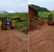 Chuva intensa provoca queda de barreira e interdita RJ-202 em Cambuci, no RJ