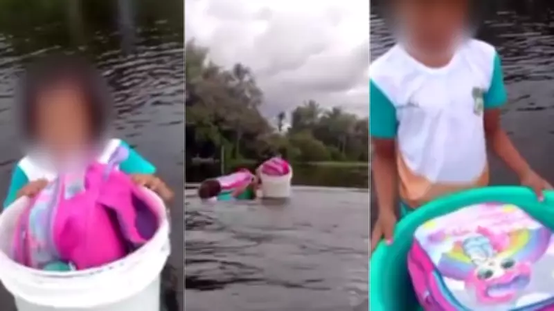 Crianças nadam em lagoa com mochilas em baldes para chegar à escola no interior do MA