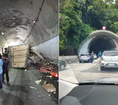 Carreta tomba em túnel da BR-040 e interdita totalmente descida da serra em Petrópolis