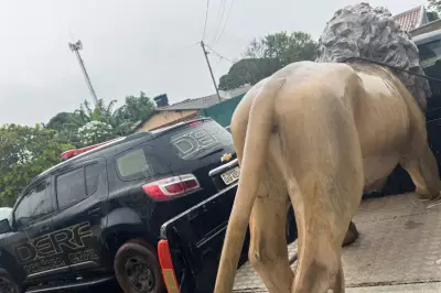 Homem é preso com estátua de leão furtada de hamburgueria em Campo Grande