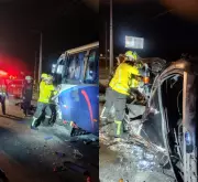 Acidente fatal entre carro e micro-ônibus deixa uma vítima e nove feridos em Biguaçu