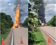 Carreta com etanol pega fogo após colisão na BR-364 em Santo Antônio de Leverger