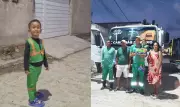 Menino de 3 anos ganha festa com tema caminhão de lixo e recebe garis