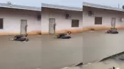 Morador usa boia para 'surfar' em rua alagada durante temporal no Amapá