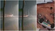 Vídeo mostra estrada cedendo e engolindo carro e moto em Aquiraz (CE)