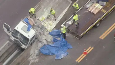 Caminhão sobe mureta e fica preso na Linha Amarela no Rio