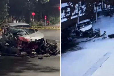 Motorista bate em poste e abandona carro destruído em Santos