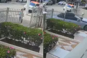 BMW invade condomínio e pedestre escapa por segundos em Santos