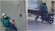 Caminhão em marcha à ré arrasta moto e quase atropela mulher no Ceará
