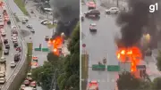 Caminhão pega fogo no acesso a Caxias do Sul; trânsito é bloqueado