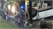 Caminhonete capota e derruba palmeira em praça de Maracanaú