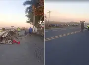 Carreta com tubos tomba e interdita BR-101 em Campos dos Goytacazes