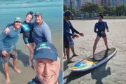 Christiane Torloni aprende a surfar aos 69 anos na Baixada Santista