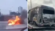 Kombi é destruída por incêndio na Via Dutra em São José dos Campos
