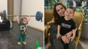 Menino de 3 anos viraliza ao usar barra de musculação como brinquedo favorito