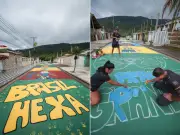 Moradores pintam ruas em clima de Copa do Mundo em Praia Grande, SP