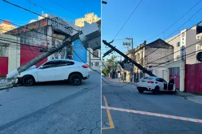 BMW X6 derruba poste e causa apagão no Centro de Santos