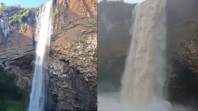 Cachoeira no RS mostra força da água após forte chuva com tornado