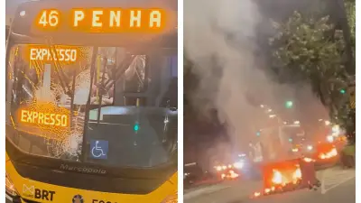 Criminosos usam ônibus como barricadas e ateiam fogo na Estrada dos Bandeirantes, no Rio