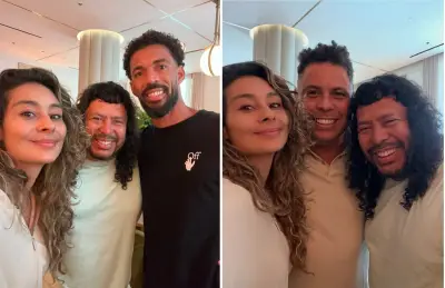 Lenda colombiana Higuita reencontra astros do futebol e filha rouba a cena