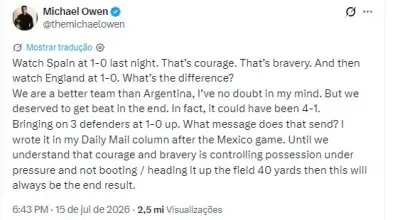 Owen critica postura defensiva da Inglaterra após derrota para Argentina