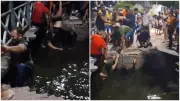 Calçada desaba em Morada Nova e pedestres caem em lagoa