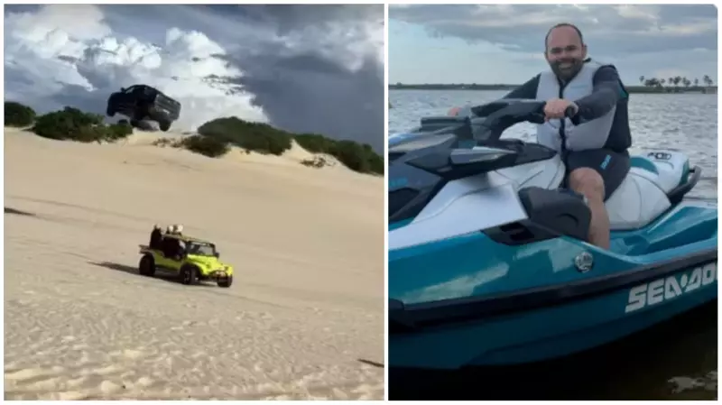 Motorista de picape realiza manobra arriscada e 'voa' sobre buggy em duna do Ceará